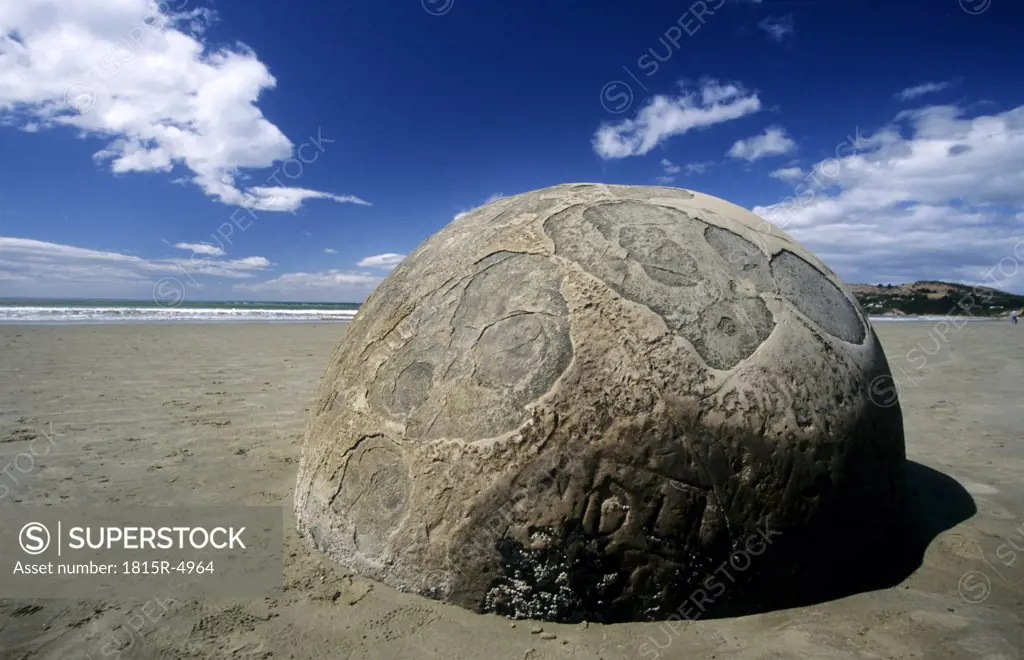 New Zealand, South Island, Moeraki Boulders on beach, close-up