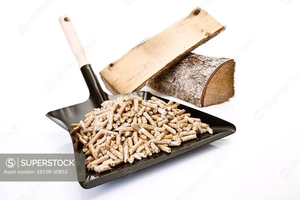 Wood pellets on Dustpan and logs, close_up