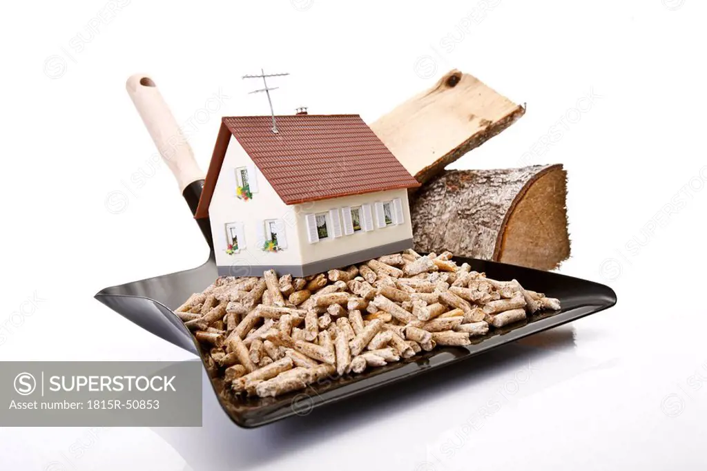 Wood pellets on Dustpan, toy house and logs, close_up