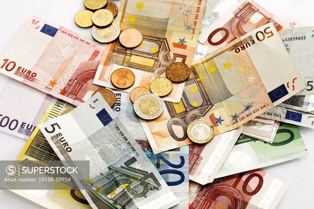 Various Euro coins and banknotes