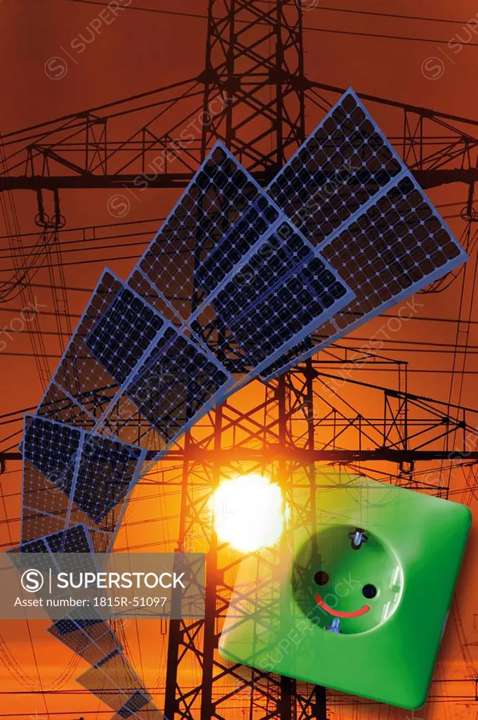 Solar panels, electric socket and power poles