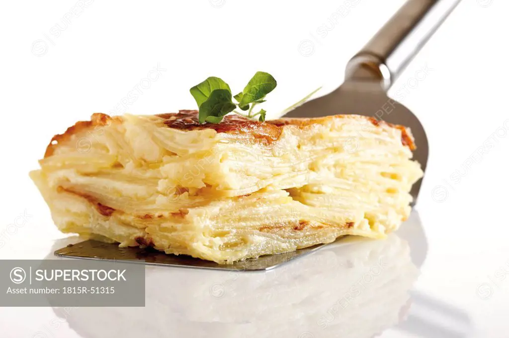 Piece of potato bake on plate, elevated view