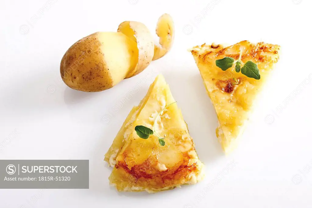 Piece of potato bake on plate, elevated view