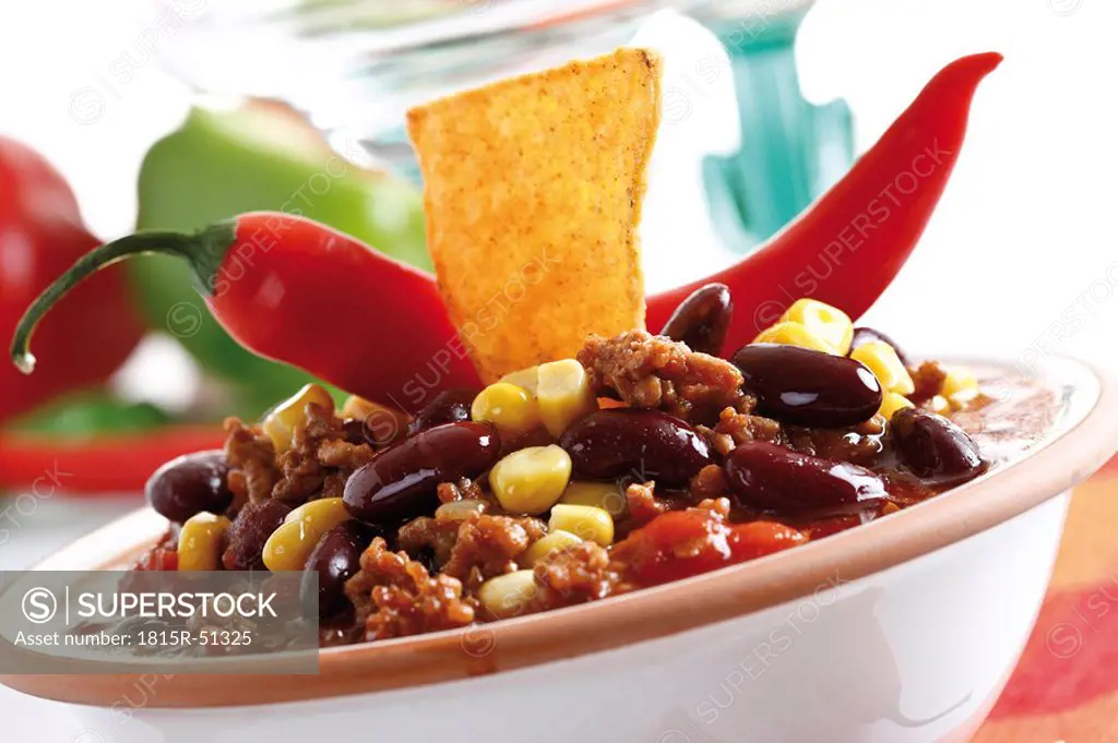 Chili con Carne with Tortilla chip on plate