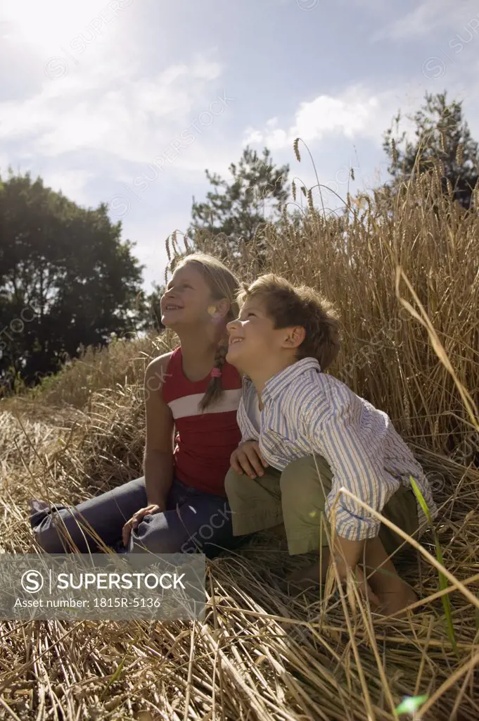 Boy and girl (6-9) sitting in wheat field, looking up