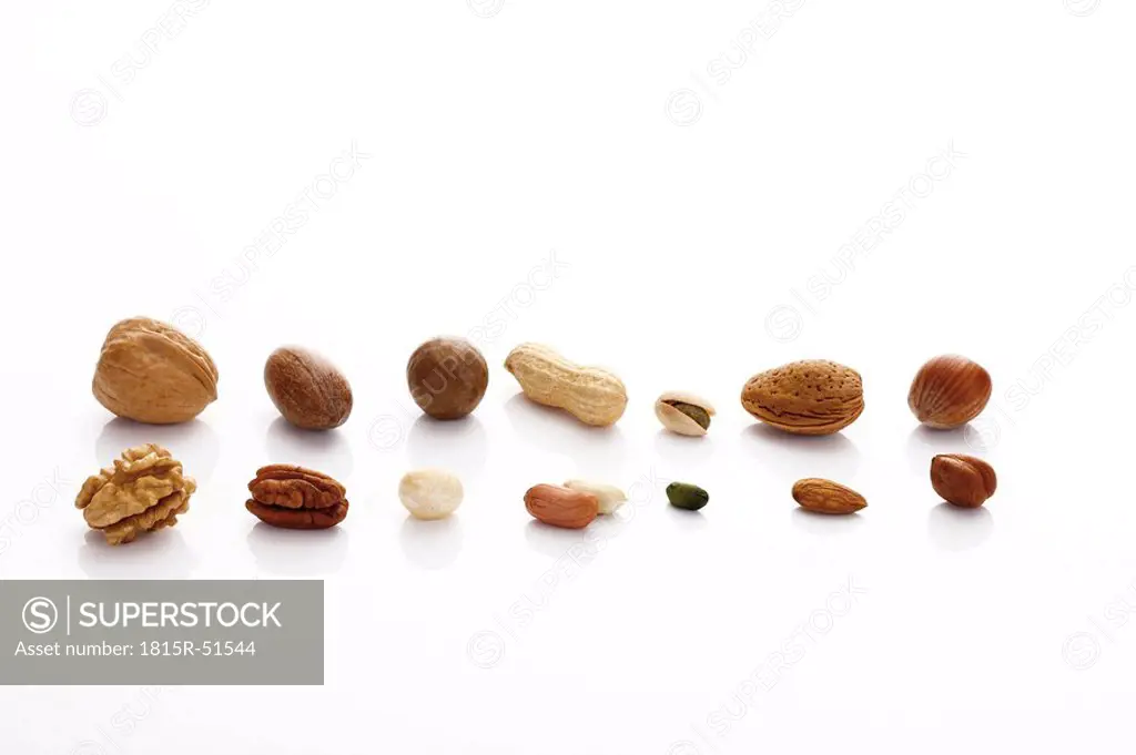 Variety of nuts in a row