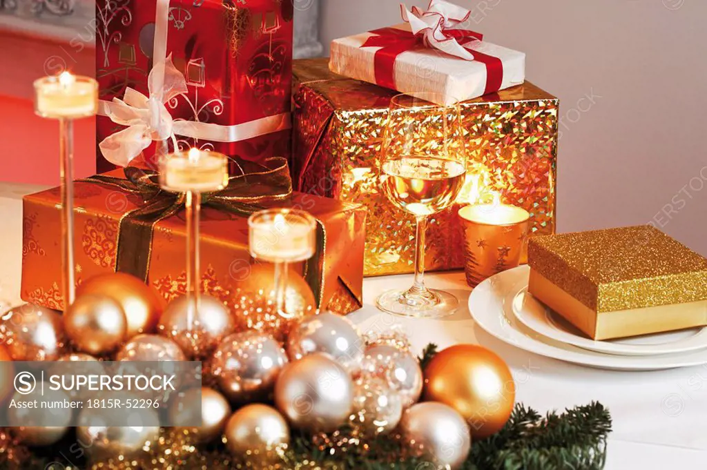 Christmas decoration and christmas parcels on table