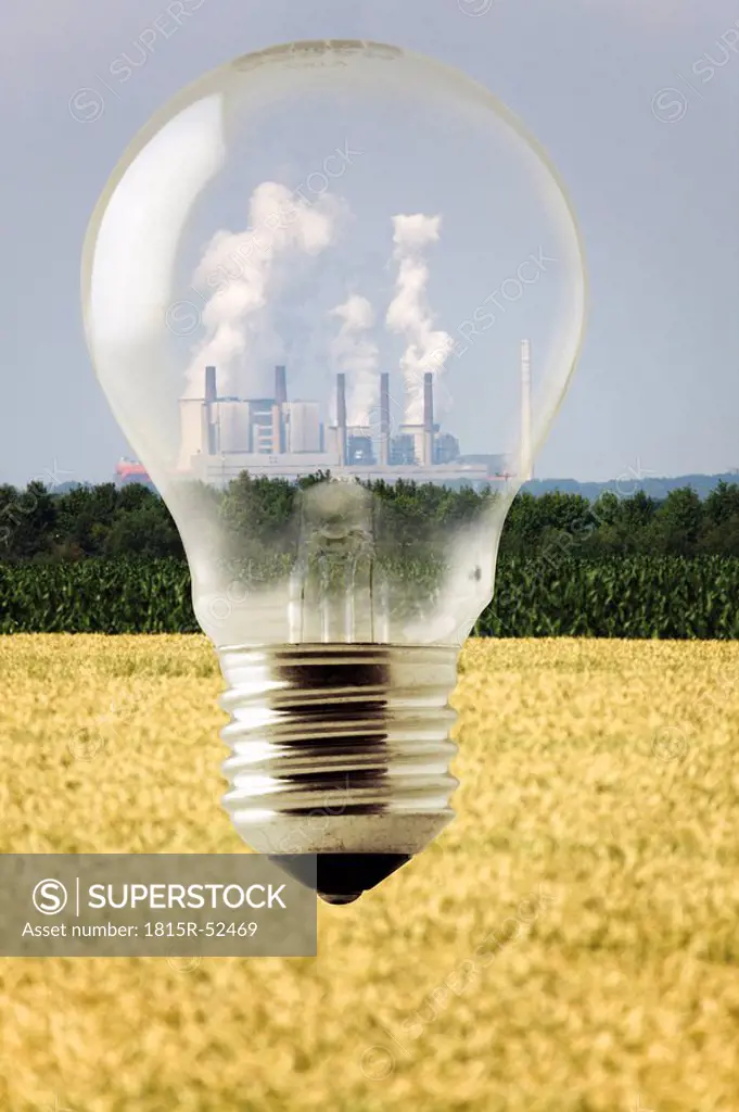 Germany, North Rhine_Westphalia, Neurath, Brown coal_fired power station seen through light bulb