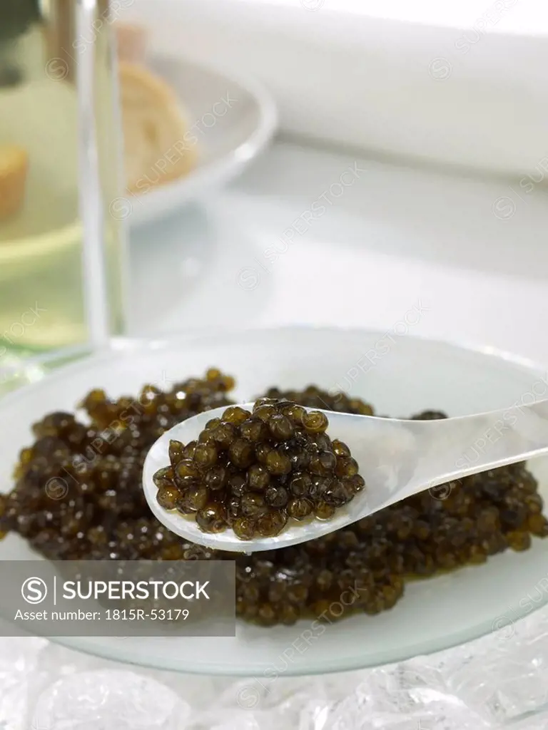 Ossietra caviar on spoon, elevated view