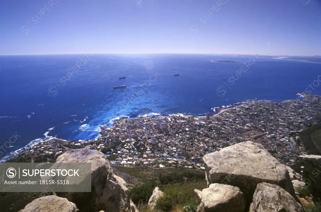Clifton Bay, Bantry Bay, Robben Island and Sea Point seen from Lions Head, Capetown, Western Cape, South Africa