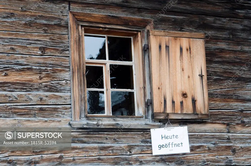 Switzerland, Arosa, Frame house with sign, Opened