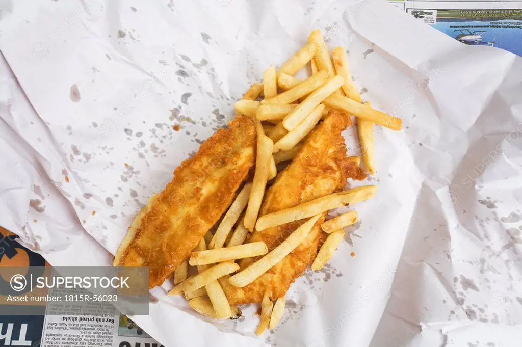 British fish and chips on paper, elevated view