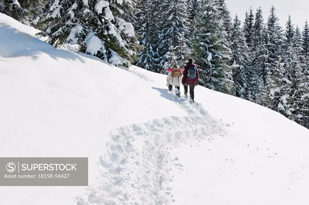 Austria, Salzburger Land, Hikers in snowy landscape