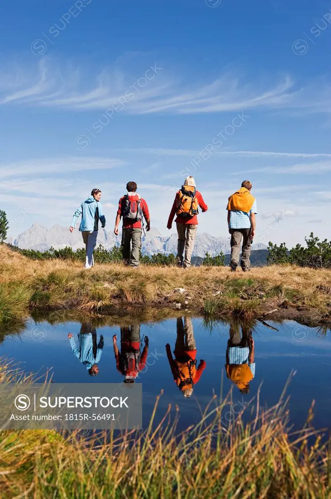 Austria, Salzburger Land, Four hikers in landscape, rear view