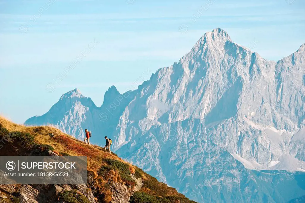 Austria, Steiermark, Reiteralm, Couple of hikers, side view