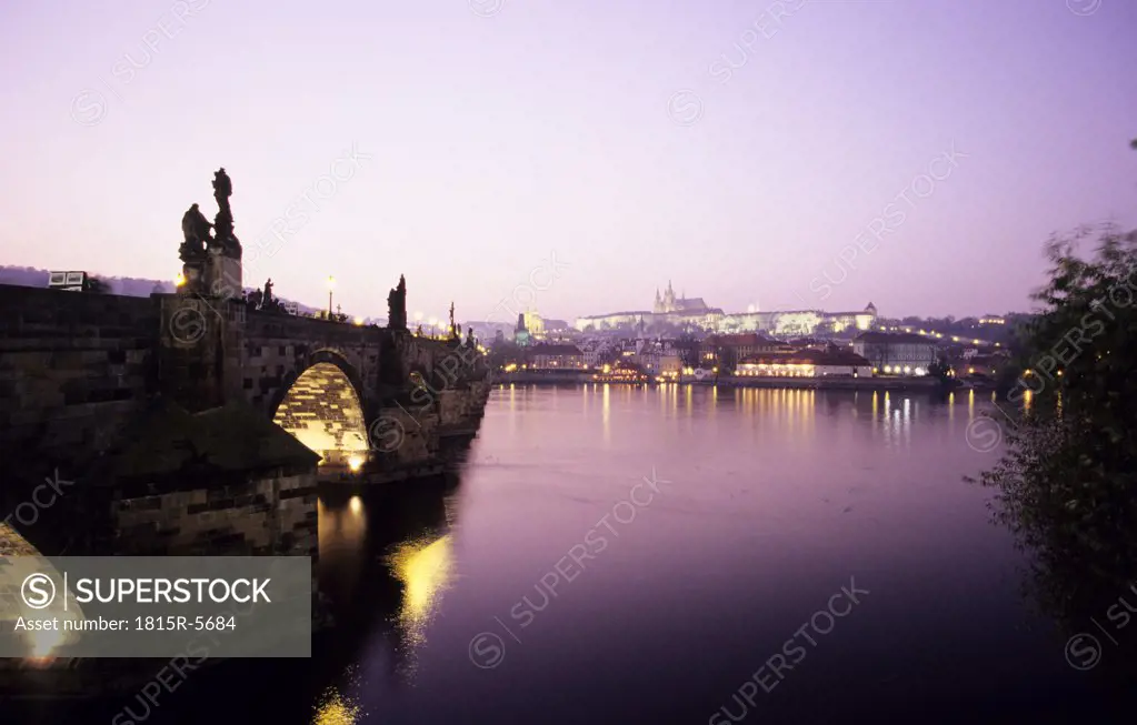 Czechoslovakia, Prague, Vitava river, Karlsbrücke bridge with sunset light