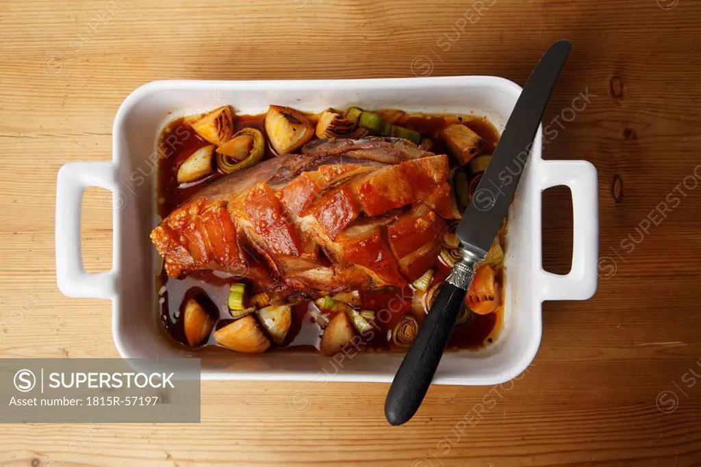 Roast Pork with Crackling in roasting tin, elevated view