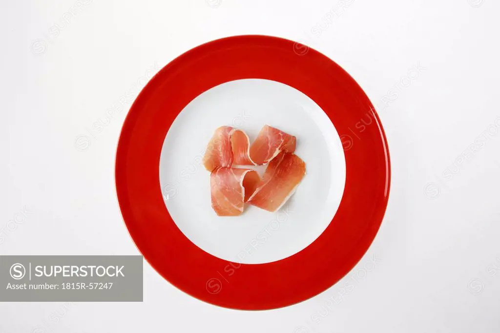 Raw ham on plate, elevated view