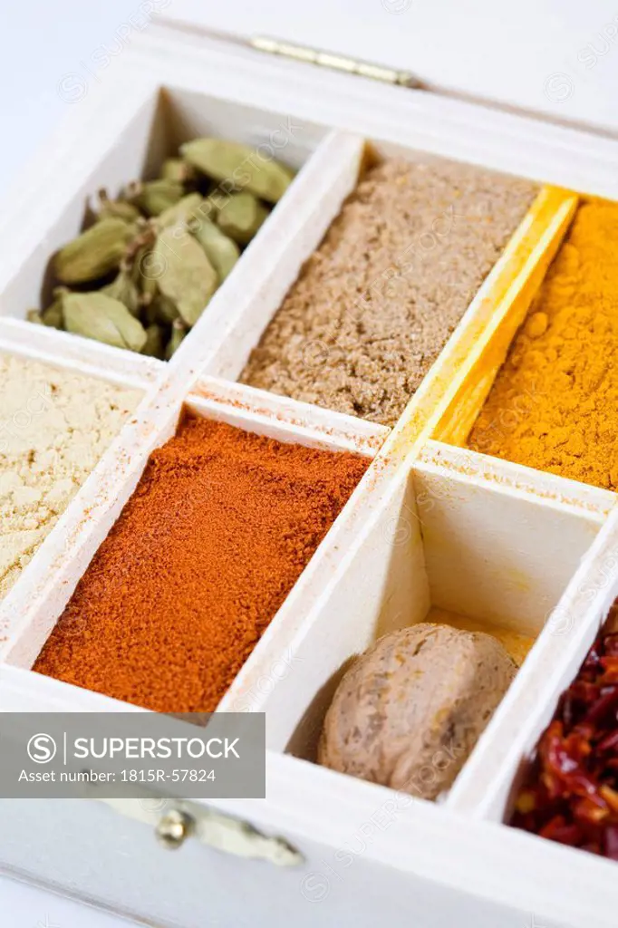 Variety of spices in wooden box, elevated view, close_up