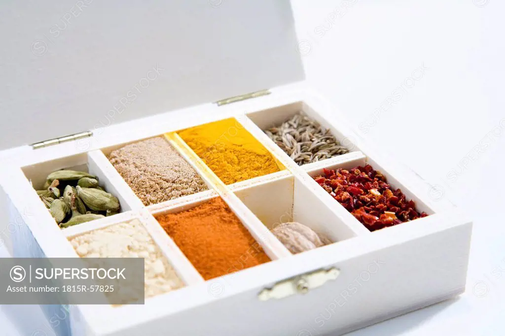 Variety of spices in wooden box, close_up