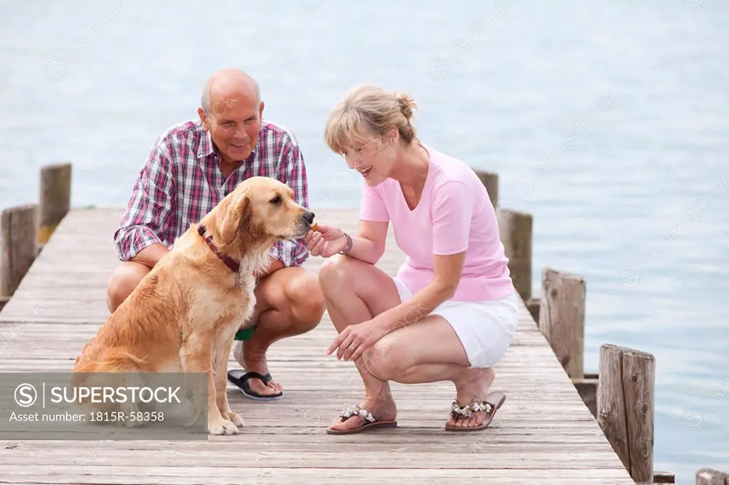 Germany, Bavaria, Starnberger See, Senior couple with Golden Retriever on jetty