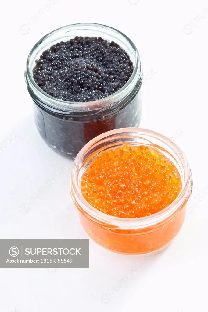 Trout caviar and caviar in glass vessel, elevated view