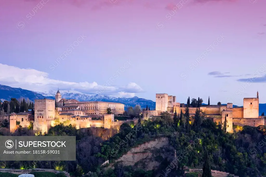 Spain, Granada, View over Alhambra, Sierra Nevada in background