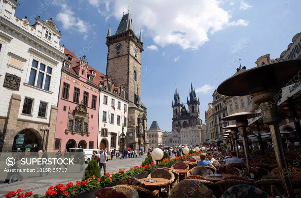 Czech Republic, Prague, Town Hall, sidewalk cafes, Church of Our Lady before Tyn in background