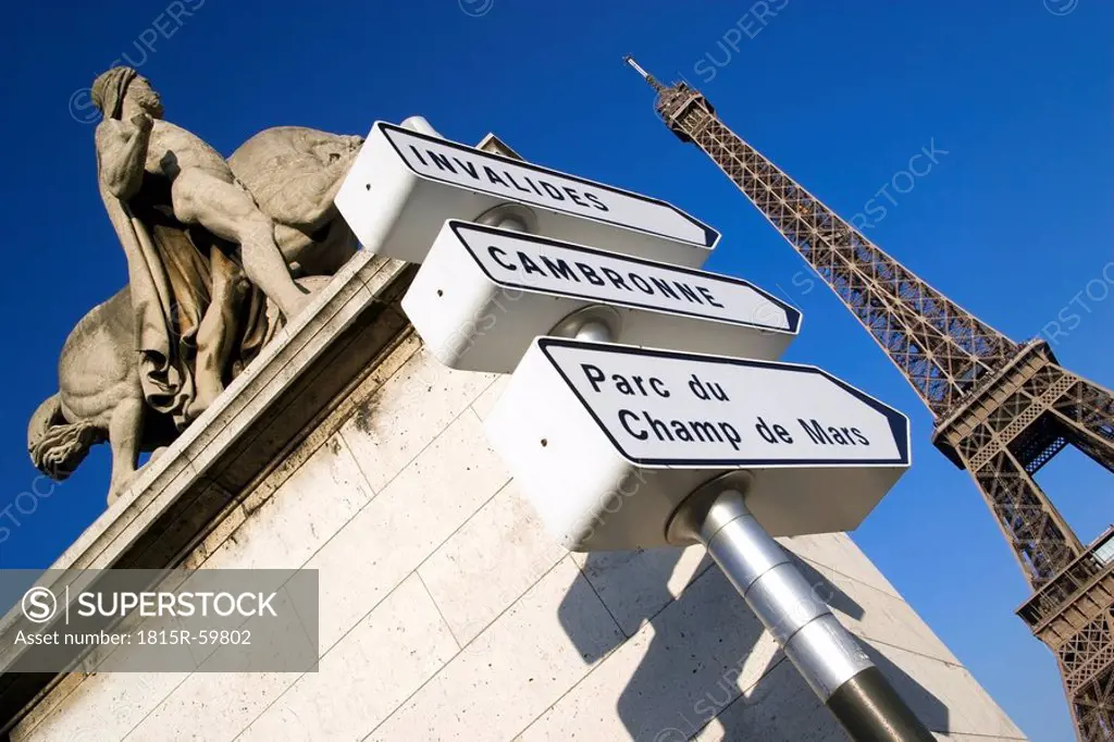 France, Paris, Pont d Lena, Sign posts, Eiffel Tower in background