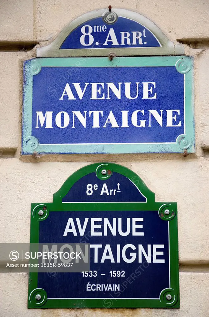 France, Paris, road sign, Avenue Montaigne, close up
