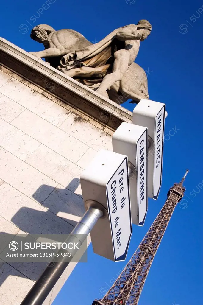 France, Paris, Pont d´Lena, sign posts, Eiffel Tower in background