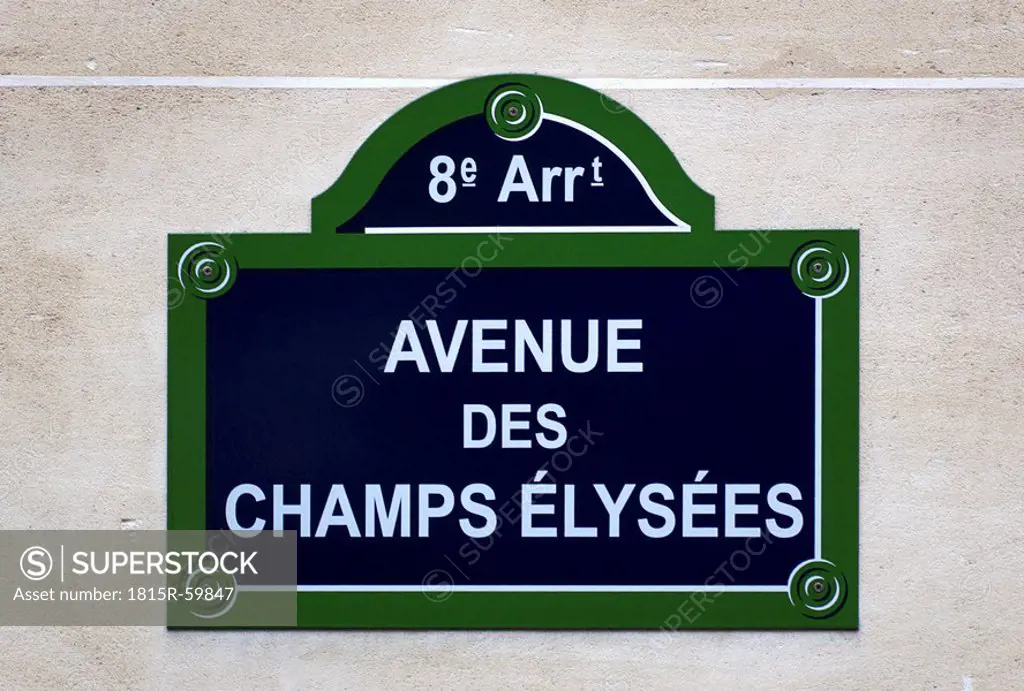 France, Paris, road sign, Avenue des Champs Elysees, close up