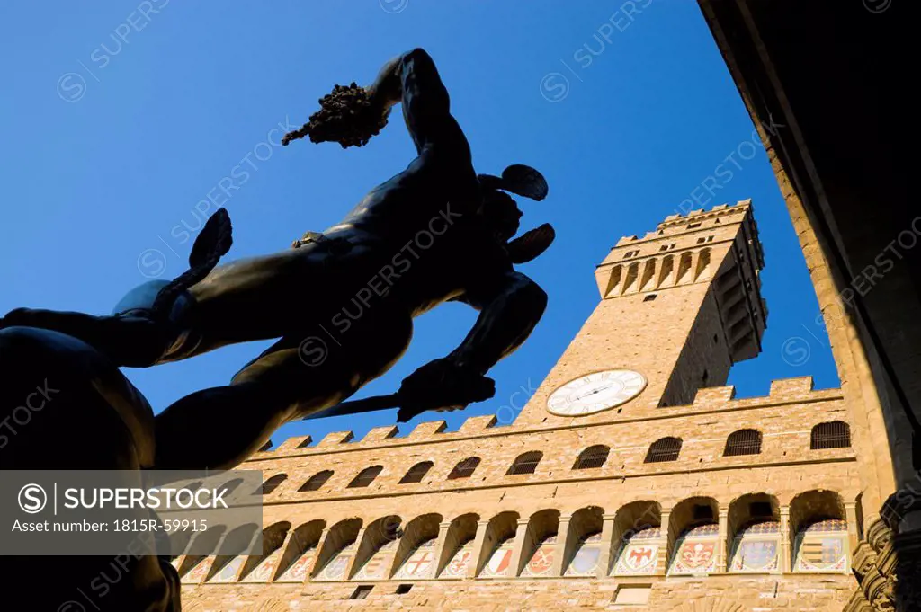 Italy, Tuscany, Florence, Statue of Perseus, low angle view