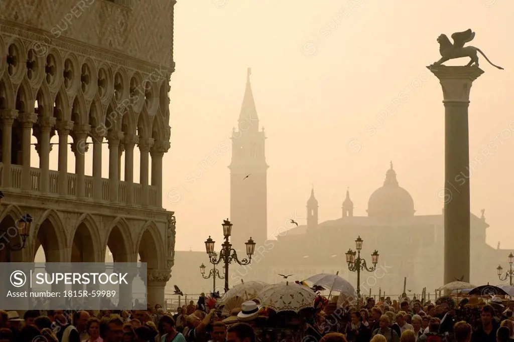 Italy, Venice, Doge´s Palace, Lion Column, San Giorgio Maggiore in background