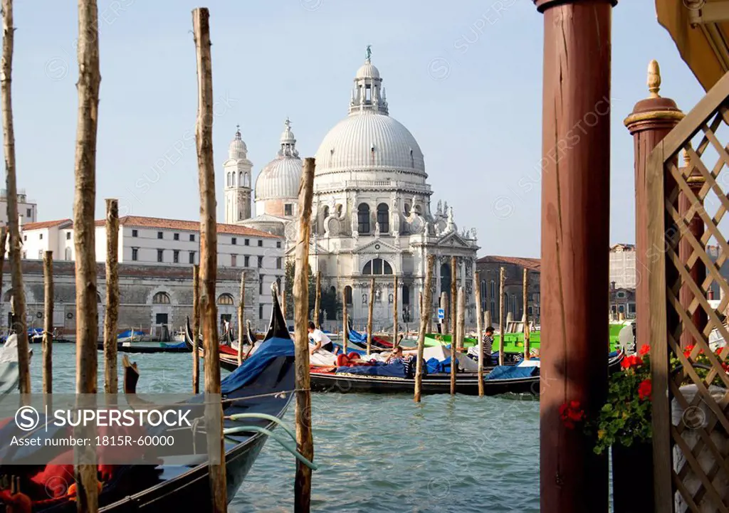 Italy, Venice, Gondolas parked along Grand Canal next to Santa Maria della Salute