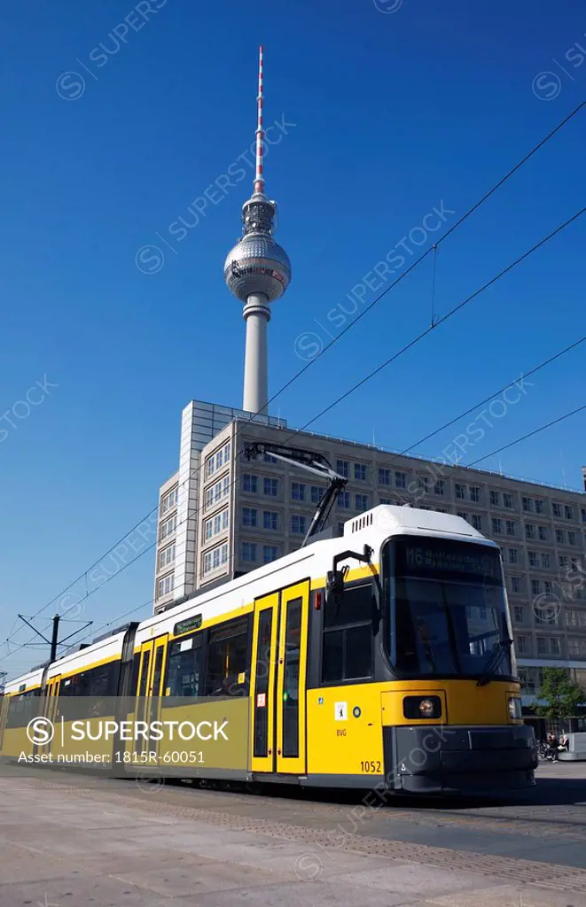 Germany, Berlin, Yellow tram, TV tower in background