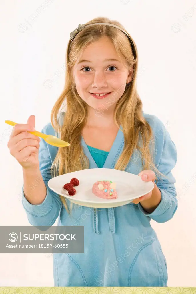 Girl 8_9 holding plate with food, portrait, close_up