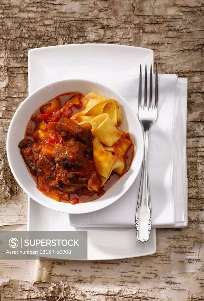 Goulash with Papadelle, elevated view