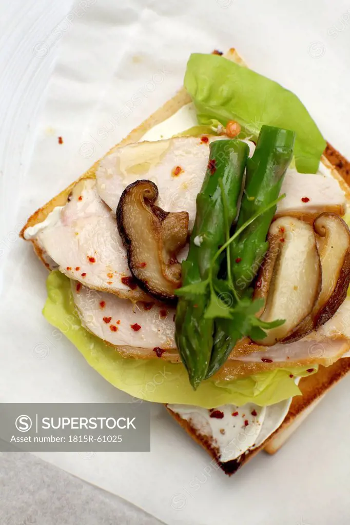 Chicken Sandwich with asparagus and mushrooms, elevated view