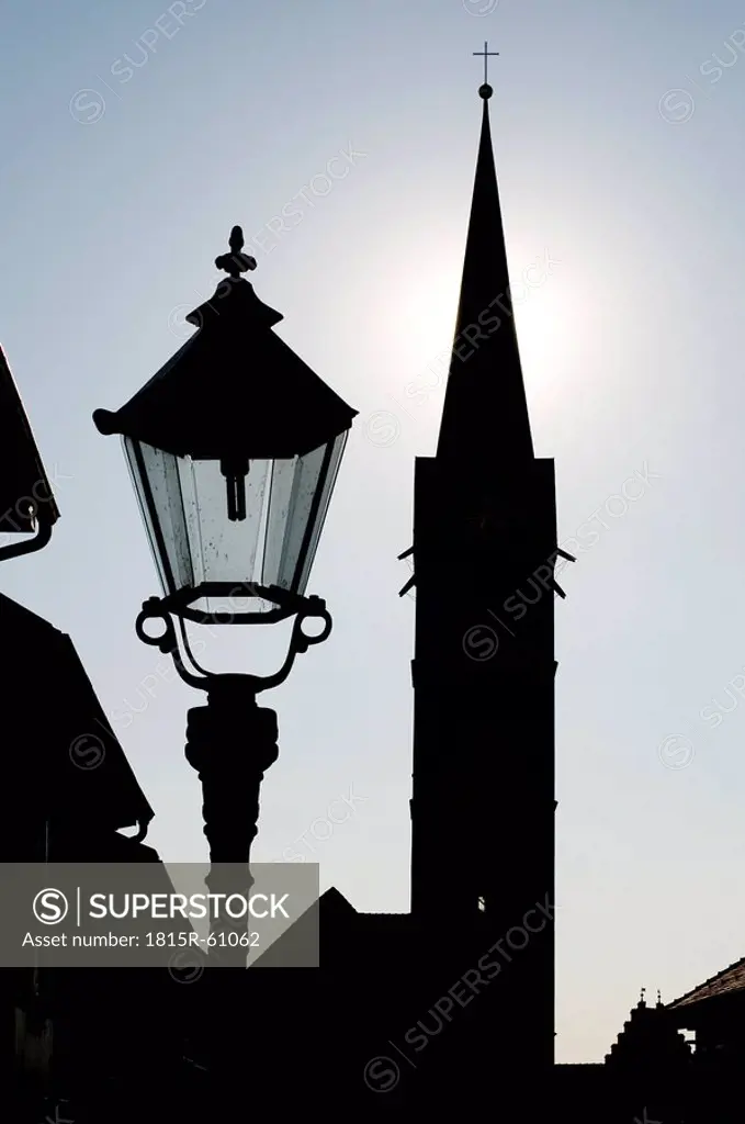 Germany, Baden_Württemberg, Markdorf, Silhouette of Church with back light