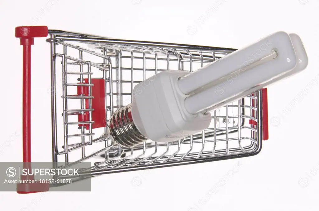 Energy saving light bulb in shopping cart, elevated view