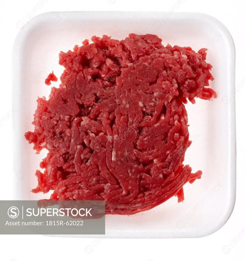 Raw ground meat in plastic box, elevated view