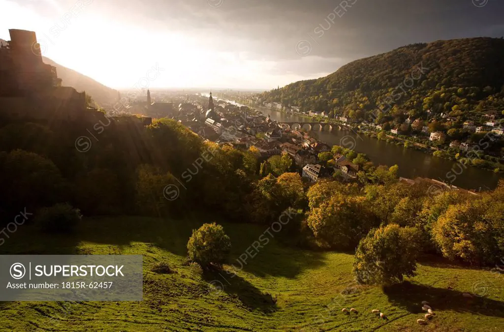 Germany, Baden_Württemberg, View over Town with Necker river and thunderclouds