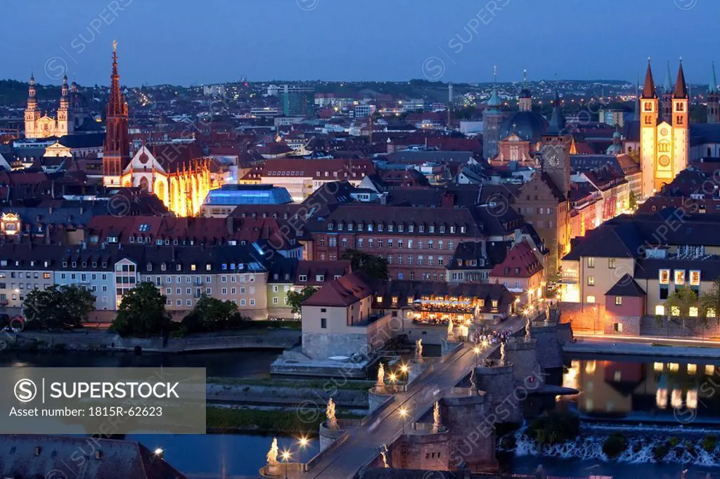 Germany, Bavaria, Franconia, W¸rzburg at night, city view, elevated view