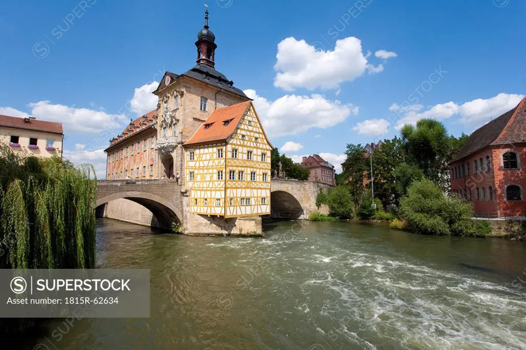 Germany, Bavaria, Franconia, Bamberg, Old City Hall over river