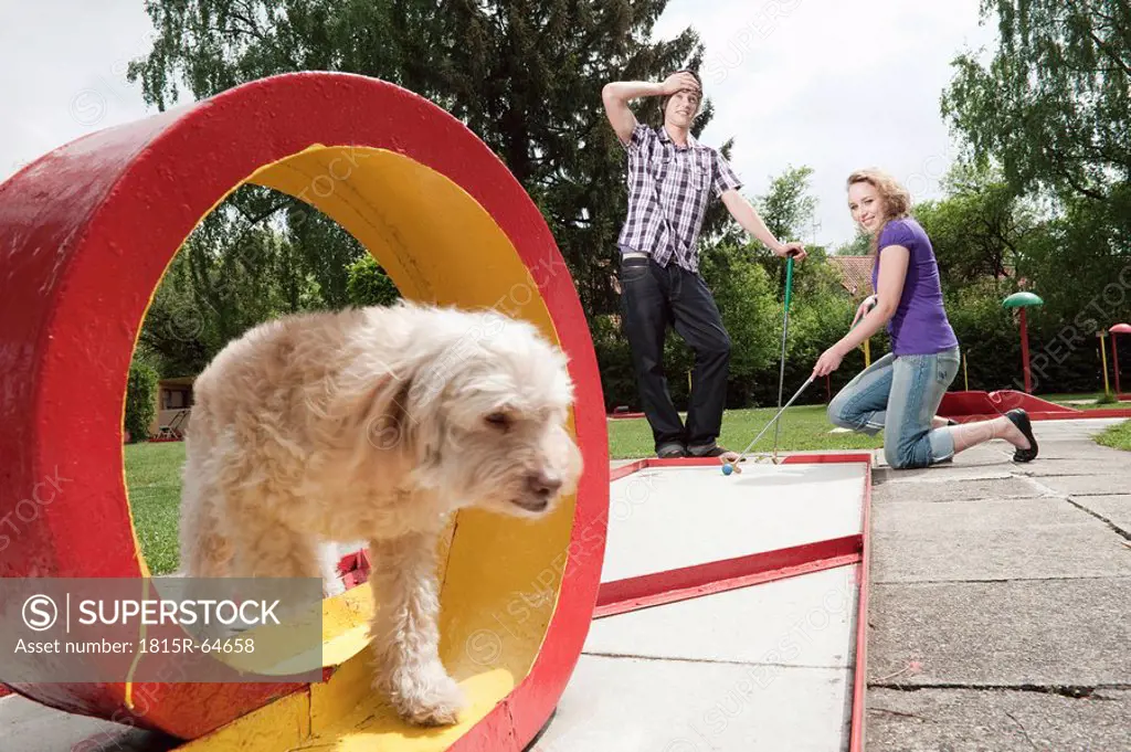 Germany, Bavaria, Ammersee, Young couple playing mini golf, dog in foreground