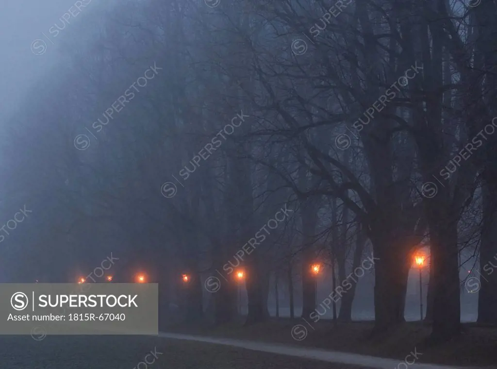 Austria, Salzkammergut, Mondsee, Alley with street lamps in foggy night