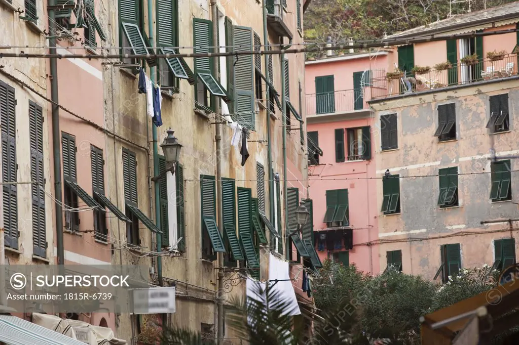 Italy, Liguria, Vernazza, Houses with open shutters