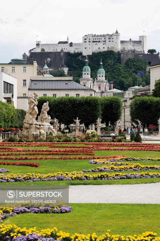 Austria, Salzburg, View of Salzburger Dom, Festung Hohensalzburg Hohensalzburg Castle and Mirabellgarten Mirabell garden
