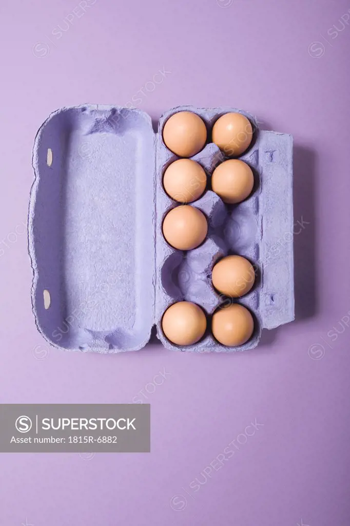 Brown eggs in violet egg carton, elevated view
